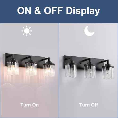 Modern Crystal Bathroom Light Fixtures, 3 Light Black Farmhouse Vanity Lights, with Crystal Glass Shade, Industrial Bathroom Lighting Fixtures Over Mirror Wall Light for Bedroom Living Room