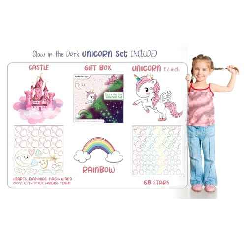 Glow in The Dark Stars, Glowing Unicorn Sets with Castle Moon and Rainbow Wall Decals for Kids Bedding Room, Great for Birthday Gift Wall Mural Stickers for Girls and Boys