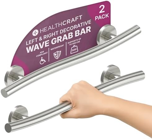 HEALTHCRAFT (2X Pack) Wave Decorative Grab Bars, ADA Compliant Bathroom Safety Bars for Seniors, Wall-Mounted, Supports Up to 500 lbs (Left & Right) (Brushed Stainless Steel, 24 Inch)