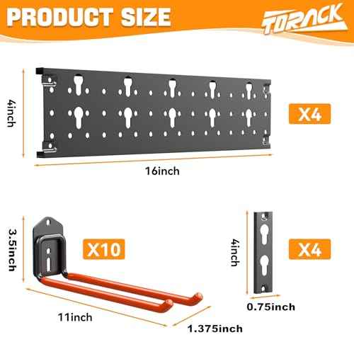 TORACK Garden Tool Organizer Wall Mount, Garage Folding Chair Storage Rack, Tools Rack for Shovels, Rakes, Broom, Ladders, Hooks for Keyhole Style Shelving Unit