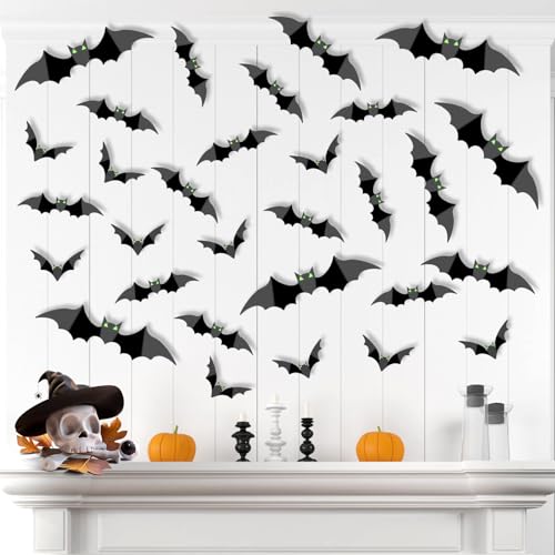 100PCS Halloween 3D Bats Wall Decoration 4 Different Sizes Bats with Glow Eyes PVC Scary DIY Realistic Black Bat Sticker for Home Decor Wall Window Decal Bathroom Indoor Hallowmas Party Supplie (100)