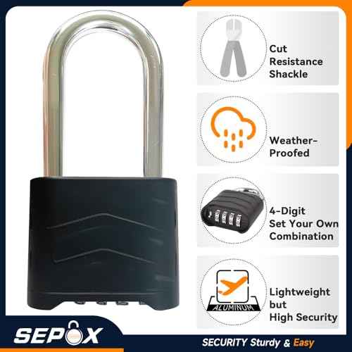 SEPOX 4PCS Large Combination Padlock, Long Shackle Outdoor Combo Lock 2.2" 55mm Heavy Duty Weatherproof, Ressetable 4Digital, Security Aluminum Body,Uncuttable Shackle, for Home, School, Gate, Garden