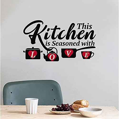 Kitchen Funny Quotes Wall Decals, This Kitchen is Seasoned with Love Family Love Words Red Hart Wall Decor for Dining Room Kitchenware Decoration Vinyl Wall Sticker for Restaurant Cafe