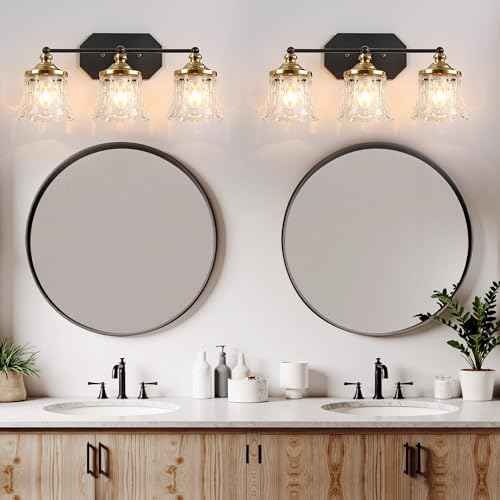 Vintage Bathroom Vanity Light Fixtures, Black and Gold 3-Light Vanity Light, Antique Bathroom Lighting Fixtures Over Mirror with Crystal Glass Shade, Vanity Lights for Bedroom Living Room Hallway