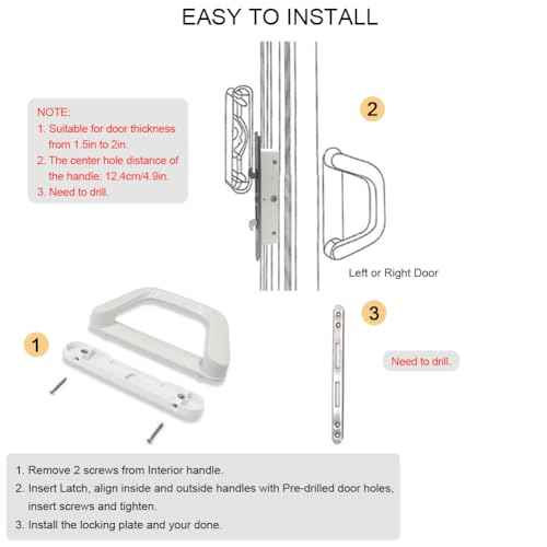 Patio Sliding Door Handle Set with Mortise Lock, Suitable for Sliding Glass Patio Door Thickness from 1.5in to 2in, 4-15/16" Screw Holes, Need to Drill, Reversible Design, Keyed (White)