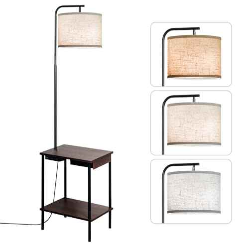 Floor Lamp with Table & Drawers, End Table Lamp with USB Charging Portt Power Outlet and Shelves, Side Table Reading Light with 3 Color Temperature Led Bulb Included for Living Room, Walnut