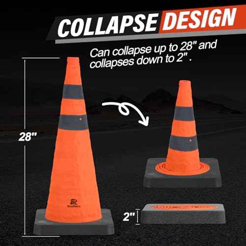 RoadHero 28 Inch Collapsible Traffic Safety Cones with Black Weighted Base, Construction Orange Cones with Reflective Collars for Road Safety, Driving Training, Parking Lots, 4 Pack