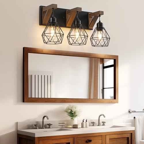 Farmhouse Bathroom Light Fixtures, 3 Light Bathroom Vanity Light, Black Rustic Wood Vanity Lights Wall Sconces with Elegant Metal Lampshade for Living Room, Bedroom, Hallway (Retro Black, 3-Light)