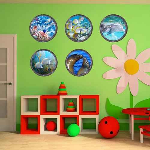 Ocean Animal Wall Decals 11 Inch Porthole Design Set for Nursery/Classroom- Easy Apply & Durable Adhesive (Set of 9)