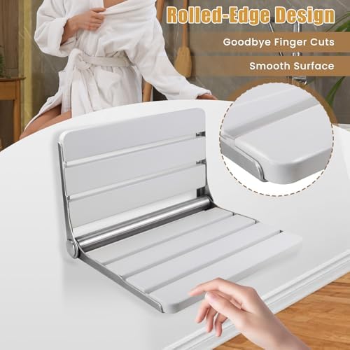 Teak Folding Shower Seat Wall Mounted, 16" Foldable Shower Bench, 400lbs Max Load, Space-Saving Fold Down Design for Seniors, Elderly & Small Shower Spaces (White, 16 inchs)