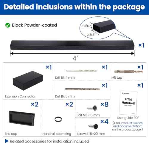 Muzata 4FT Black Cable Railing Handrail Rectangular Stainless Steel Handrail for Cable Railing System Top Rail Deck Stair Indoor Outdoor Length Adjustable with Paper User Guide HT10 BP4
