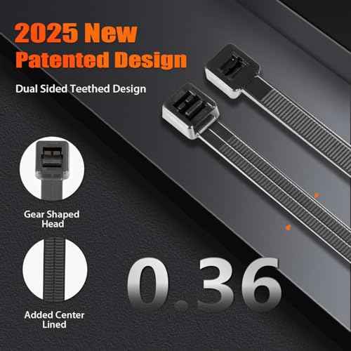 14 inch Black Large Zip Ties Heavy Duty (600 Pack), 2025 New Patented Design, 300 LBS Tensile Strength, Self-Locking Nylon PA66 Cable Ties for Indoor and Outdoor Use