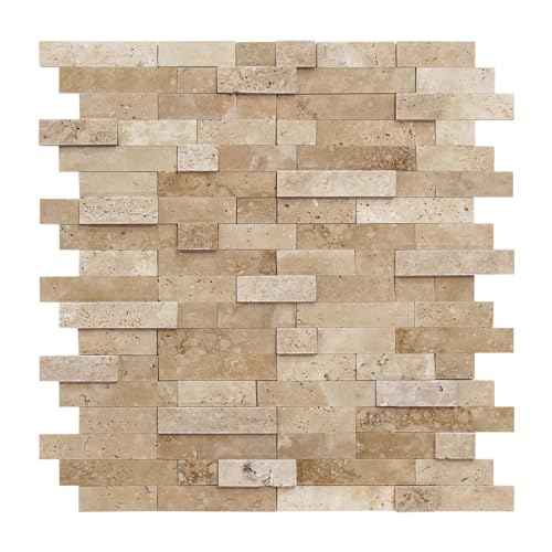 SUNWINGS Peel and Stick Mosaic Natural 3D Stone Self Adhesive Tiles, 12" x 11" 5-Sheet Stick on Backsplash for Kitchen Bathroom Fireplace Vanity, Beige