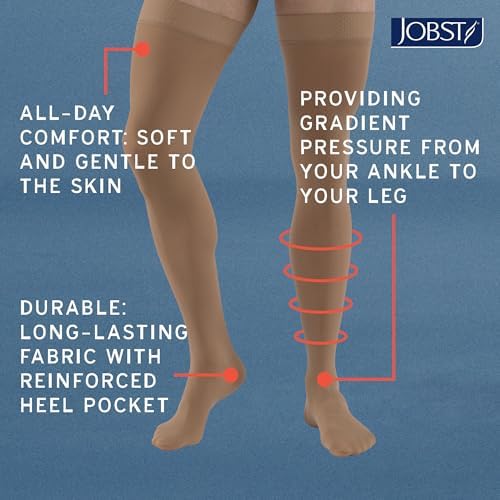 JOBST Relief Thigh High Graduated Compression Stockings 30-40mmHg - Comfortable Unisex Design with Silicone Dot Band - Closed Toe, Beige, X-Large Petite