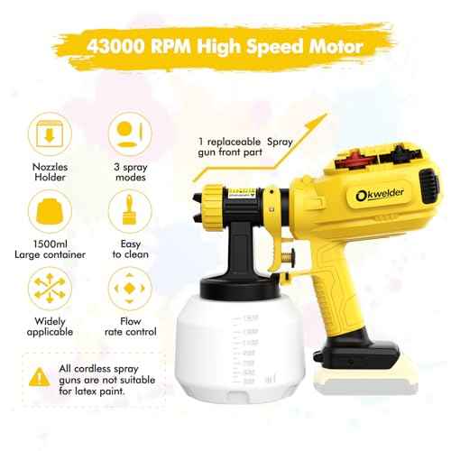 Cordless Paint Sprayer for DW 20V Batteries, Electric Spray Paint Gun with 1 Replaceable Spray Gun Head, 4 Nozzles & 3 Pattern,1500ml Container, Easy to Clean, for DIYs House Painting (No Battery)