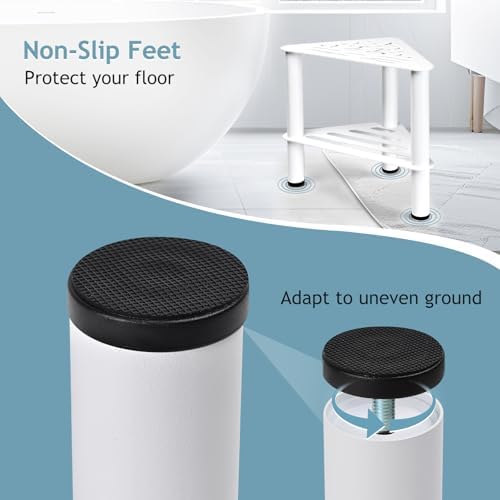 Corner Shower Stool for Shaving Legs - Metal Foot Rest Bench with Storage Shelf, Waterproof Non-Slip Chair for Bathroom Spa, White