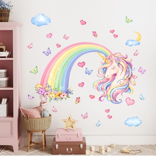 Rainbow Unicorn Wall Decals Rainbow Flowers Butterflies Clouds Hearts Unicorn Wall Stickers Baby Nursery Girls Bedroom Daycare Wall Decor