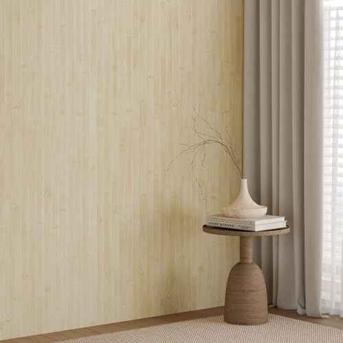 CHIHUT Light Beige Bamboo Wood Grain Peel and Stick Wallpaper Self Adhesive Removable Wood Grain Contact Paper for Cabinets Walls Nature Wood Look Wallpaper for Kitchen Countertops 12''x100''