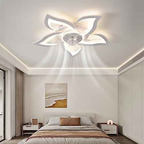26" Geometric Ceiling Fan with Light Remote Control, 6 Speeds 3 Colors, White Low Profile Flush Mount Ceiling Light for Kitchen Bedroom Living Room