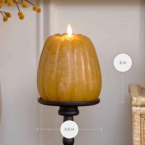 Luminara Flickering Flameless Harvest Gold Pumpkin Candle, Battery Operated Plug Free Home Indoor Decoration, Timer, Remote Ready (Sold Separately), 4.9" x 6" Real Flame LED Light Halloween Fall Decor