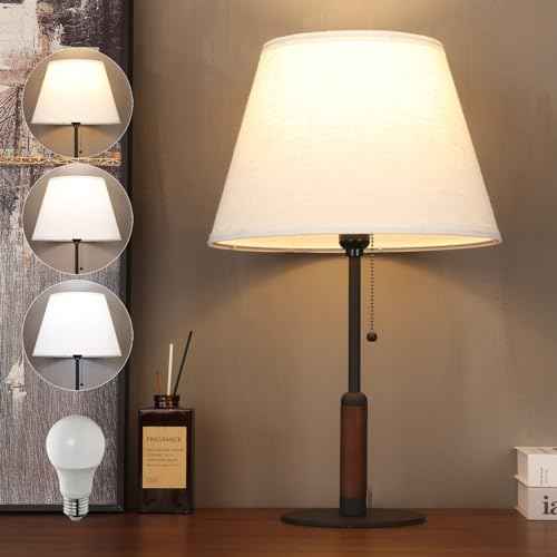 21" Table Lamps for Night Stands Bedside Lamp for Living Room Bedroom Lamp for End Tables 3-Color Pull Chain Switch Walnut Wood Fabric for Home/Office/Desk Decor (Off White+Sand Black)