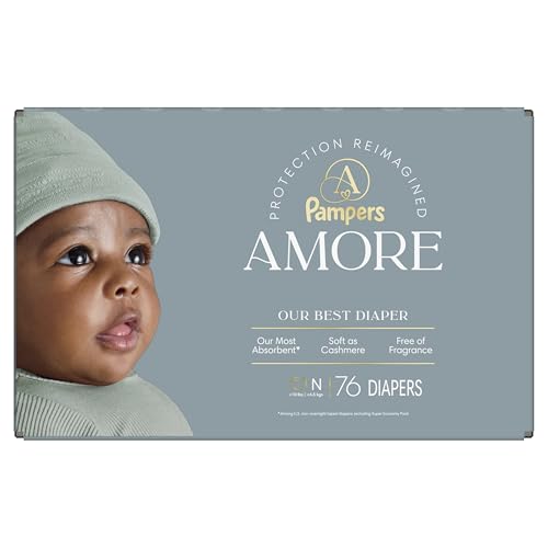 Pampers Amore, Size 0 (up to 10 lbs), 76 Count, Our Best Diaper – Hypoallergenic & Fragrance Free, Up to 100% Leakproof, Soft as Cashmere