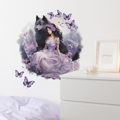 Purple Wolf Girl Butterfly Wall Stickers, sacinora Creative Cold Beauty Art Wall Decals Removable Vinyl Peel and Stick for Kids Women Bedroom Nursery Decoration