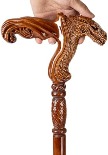 Hand Carved Wooden Walking Cane with Ergonomic Handle and Rubber Tip for Men and Women - Fashionable Unique Walking Stick for Seniors - 37 inch