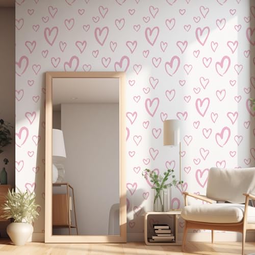 Pink Peel and Stick Wallpaper 17.3"x120" Modern Heart Vinyl Contact Paper Self Adhesive Removable Love Wallpaper DIY for Bedroom Girls Room Decoration Baby Nursery Room Wall Decals