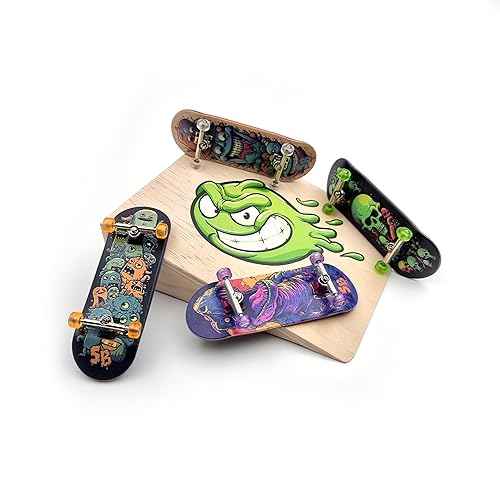 SPITBOARDS¢ç 32 x 96 mm Fingerboard Complete Wood Set-Up Assembled, Silver Trucks with Bushings and Nuts, CNC Bearing Wheels in Transparent Green, Lasered Grip Tape Lime Green Skull and Bones