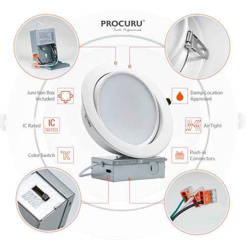 PROCURU [4-Pack] 6-Inch Gimbal Heavy Duty 12W (7" Trim) LED 2700K-6000K 5CCT Adjustable, Rotate & Swivel Ultra-Thin Recessed Ceiling Downlight, Dimmable, AirTight IC Rated (VGB6-5W3-4P)