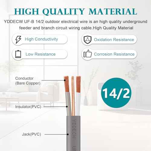 14/2 UF-B Wire - 75FT 100% Pure Copper 14AWG 2 Connector Direct Burial Electrical Cable 14 Gauge for Underground Feeder Wet or Corrosive Locations Indoor & Outdoor etc