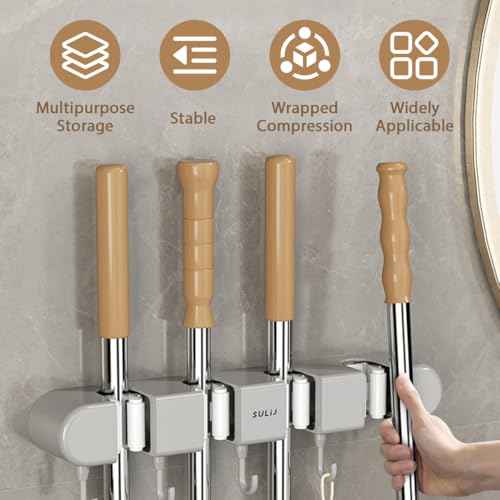 5PCS 4 Racks and 5 Hook Broom Mop Holder with Hooks Wall Mounted Broom Storage Rack No Drilling Self-Adhesive Mop Broom Organizer Mop Holder Hanger for Bathroom Office Kitchen Closet Garage