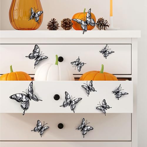 12Pcs Halloween Wall Decor 3D Self-Adhesive Skull Butterfly Wall Stickers Double Layer Black Skeleton Butterflies Designs Gothic Wall Decorations for Indoor Outdoor Halloween Party Atmosphere Supplies