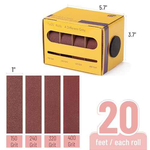 Bates- Emery Cloth Roll, 1" x 20 FT, 4 Grits, 150/240/320/400 Grit, Abrasive Sandpaper Roll of Sandpaper Set with Dispenser, Emery Cloth for Metal, Wood, Polishing