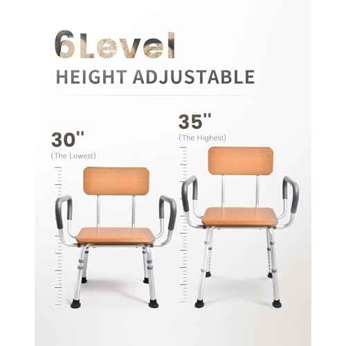 Sangohe Shower Chair for Inside Shower with Arms and Back, Height Adjustable Shower Chair for Elderly and Disabled, Wood Seat Board and Back, 400 lbs Heavy Duty Shower Seat for Seniors, 796A