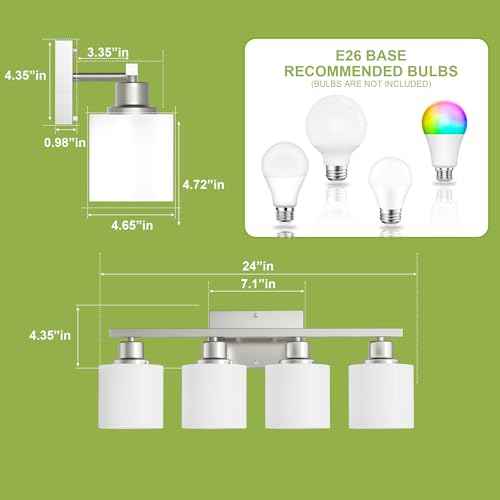Bathroom Lights Over Mirror Brushed Nickel, Anti-Rust 4-Light Bathroom Vanity Light Fixtures, Modern 24Inches Wall Sconces E26 Base, Milky White Glass Shades, Bulbs Not Included