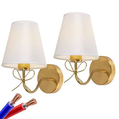Antique Brass Wall Sconces Set of Two, Bow Sconces Decor Gold Wall Lights Brass Brushed Gold Sconce with Fabric Shade, E26 110V Hardwired Wall Lamps for Girl Bedroom, Living Room, Nursery Room