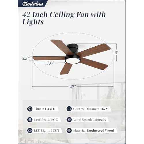 Fanbulous 42 Inch Ceiling Fans with Lights and Remote,Outdoor Indoor Modern Flush Mount Ceiling Fan with 3CCT 6-Speed Quiet DC Motor,Black Small Low Profile Ceiling Fan for Bedroom Living Room Office