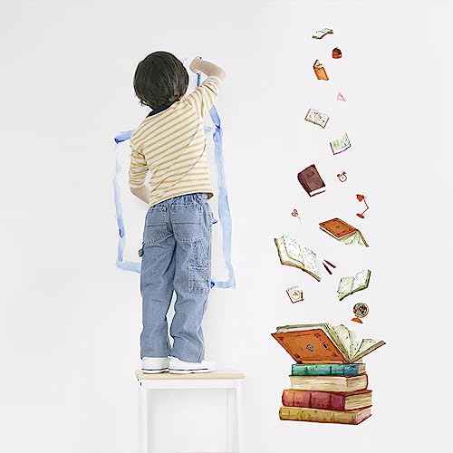SUPERDANT Magic Book Wall Decals Stickers with Flying Book School Bag Scissors for Bedroom Wall Mural Ruler Globe Decor for School Library Reading Room Classroom Wallpaper Decor Birthday Gift