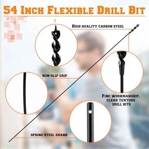 Lasnten 2 Pcs Flexible Drill Bit for Wire Pulling 54 x 3/4¡¿1/4 Inch Long Auger Drill Bits with Fish Eye Hole and Screw Point for Wood Through Walls Ceilings and Sidewalks