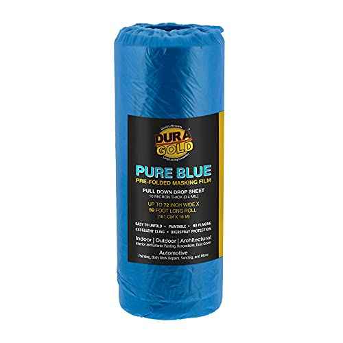 Dura-Gold 72" x 59' Pure Blue Pre-Folded Masking Film - Painters Plastic Roll (0.4 Mil) Pull Down Drop Sheet, Pre-Folded Plastic Sheeting for Painting Protection on Auto, Walls, Furniture