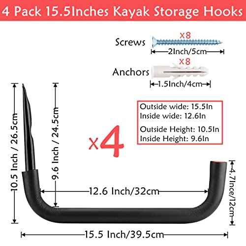 Garage Storage Kayak Hooks, 15.5 Inch Heavy Duty Storage Hanger, Wall Mounted Rack for Hanging Canoe Paddleboard, Surfboard, Snowboard, Ladders, Bikes, Black and Red, 15.5Inches x 10.8Inches