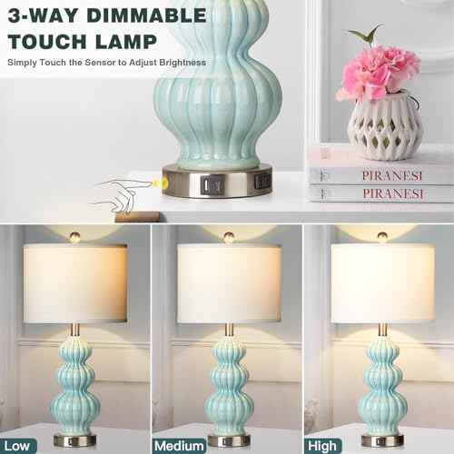 Ceramic Table Lamps Set of 2, Green Modern Bedside 26" Nightstand Lamp 3-Way Dimmable Lamp for Bedroom Living Room Contemporary, Side Table Lamp, Bulbs Included