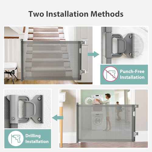 No-Drill Retractable Baby Gates for Stairs with Auto-Lock,33" Tall,Extends up to 55" Wide Mesh Baby Dog Pet Cat Gate with Double Lock for Doorways,Child Gate for Hallways Kitchen Indoor Outdoor Grey
