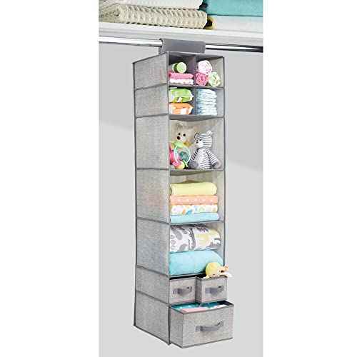 mDesign Fabric Hanging Organizer - Over Closet Rod Storage - 7 Shelves/3 Removable Drawers for Baby Nursery Bedroom Organization - Hold Clothes, Linens, Toys, Accessories - Lido Collection - Gray