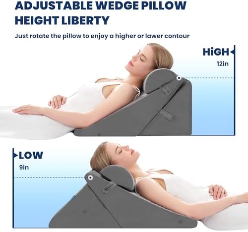 BDEUS 3PCS Wedge Pillows for Sleeping Bed Wedge Pillow 9&12 Inch Adjustable Triangle Pillow Wedge with Premium Half-Moon Memory Foam Bolster Pillow