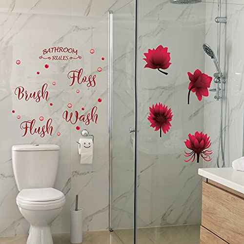 Set of Bathroom Wall Decals Stickers Wash Brush Flush Floss Bathroom Rules Wall Decor Sticker Waterproof Flower Sign Decals for Kitchen Home DIY Decorations