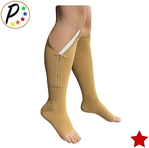 Original Open Toe 20-30 mmHg Firm Compression Circulation Zipper Socks (Beige, X-Small)