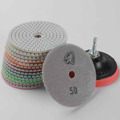 Diamond Polishing Pads 4 Inch Wet Dry Set 9 Pieces for Concrete Marble Quartz Stone Countertop Granite Polishing and Sanding disc Include 5/8"-11thread Backer pad and Drill Adapter